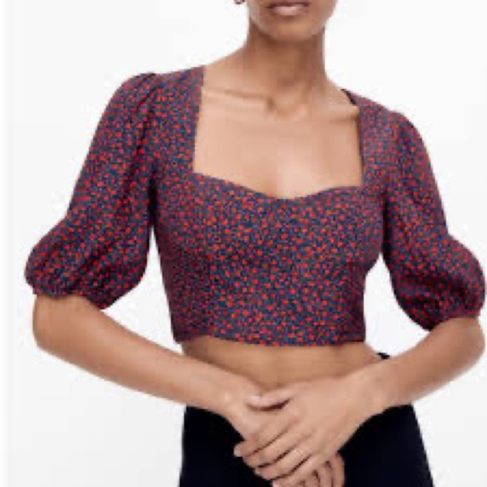 ZARA‎ Floral Crop Red and Black Crop Top with Sweetheart Neckline Size XS